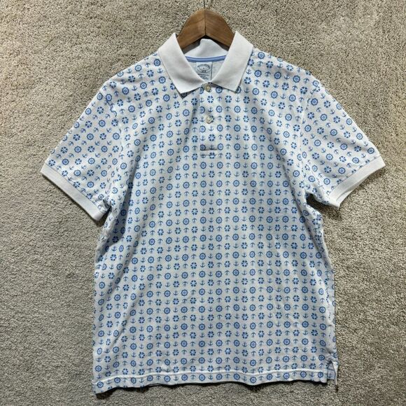 Brooks Brothers Performance Polo Shirt Mens L White Blue Nautical Print Slim Fit - Picture 1 of 11